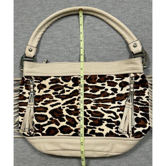 B. Makowsky Calf Hair Leather Leopard Print Handbag With Tassels Fringe Purse - Picture 6 of 10